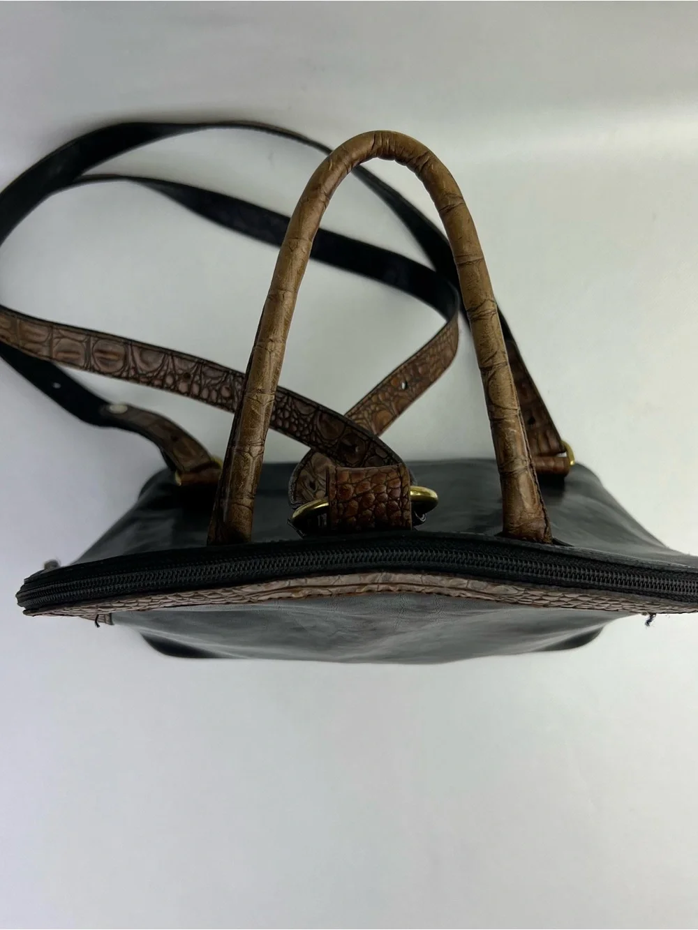 VTG Brahmin Leather Black Brown Croc Print Straps Tuscan Backpack Purse